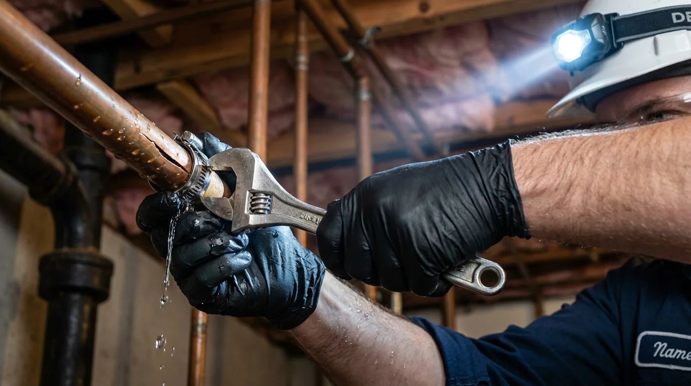 Emergency pipe clamp repair being performed by a Johns Plumbing LLC plumber in Magna