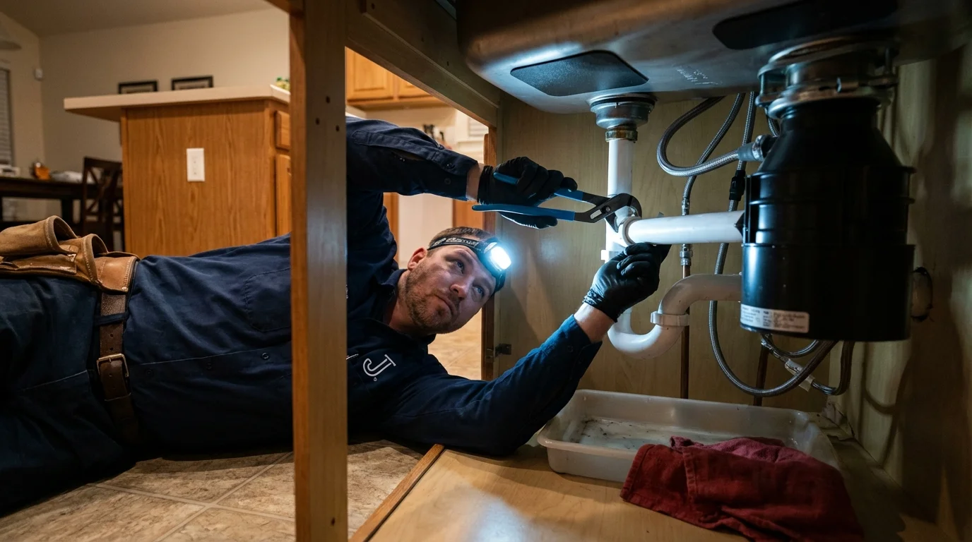 P-trap and supply line connections under a kitchen sink showing a common leak point in Magna, UT